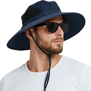 Unisex Navy Blue 100% Polyester Wide Brim Mesh Vents With Chin Strap Fishing Hat